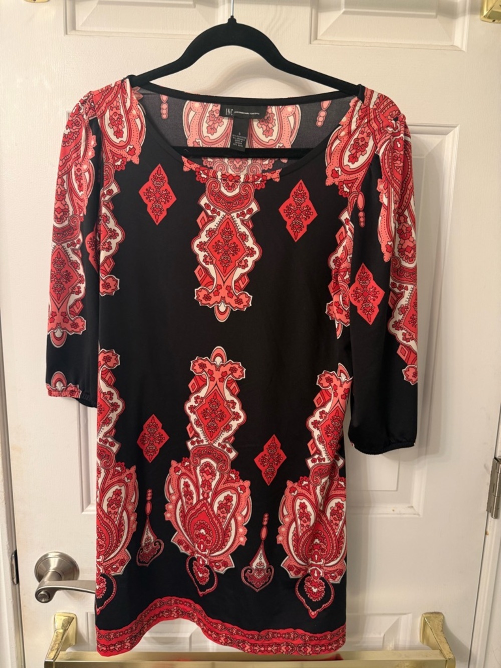 INC International Concepts Black Dress with Red Paisley Motif